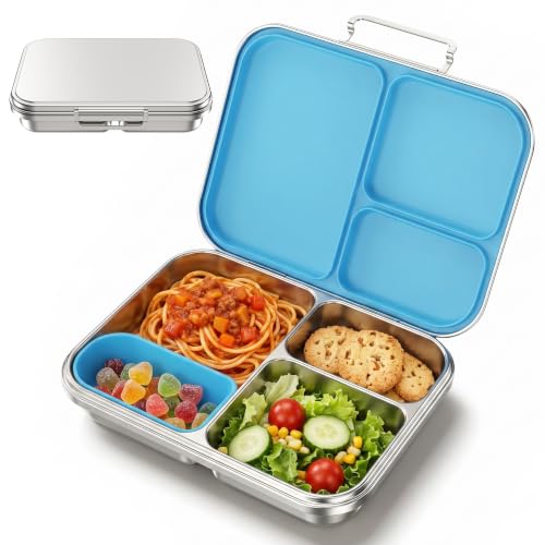 Pawtong Stainless Steel Bento Box for Kids and Adults, 3 Compartment Leakproof Lunch Box with Removable Silicone Seal and Silicone Contianer, Metal Lunch Container for School, Work and Travel (Blue) Blue