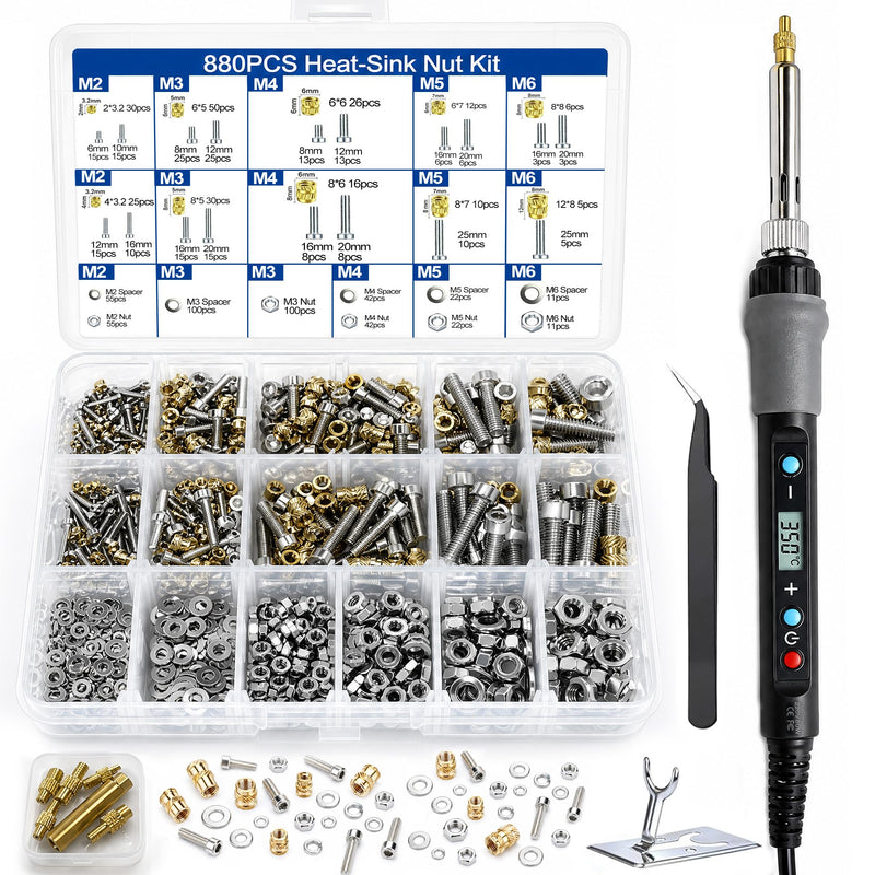 880 Piece Threaded Inserts Soldering Tips Set with Screws, M2/M3/M4/M5/M6 Thread Inserts, Adjustable Temperature Soldering Iron 180-500°C with Pins and Holder, Soldering Tips & Soldering Tip Adapter | 5stk Lötspitzen, Soldering Tip Adapter, LCD Einstel...
