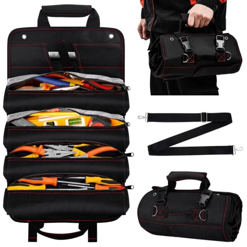 LIBKUR black tool roll bag with 13 pockets and clear pouches for organized tool storage