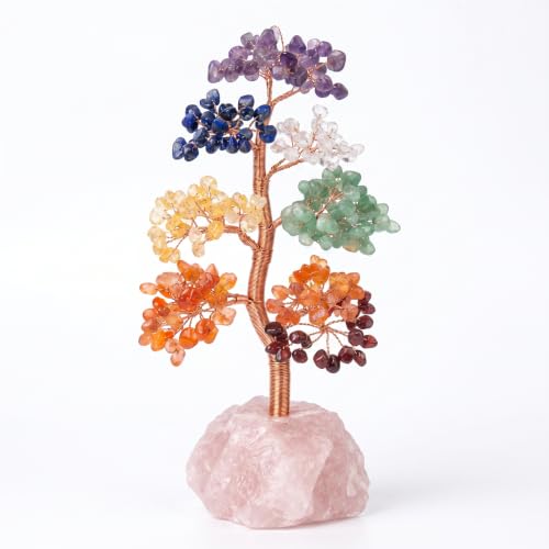 Natural 7 Chakra Crystal Money Tree with Raw Rose Quartz Base Multicolor