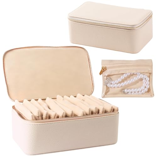 shunmei Travel Jewelry Box with 12 Velvet Jewelry Zipper Pockets, Beige Beige - 12 Pouch