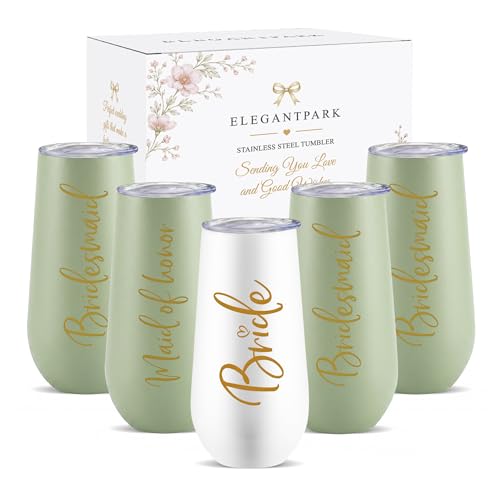 ELEGANTPARK Bridesmaid Proposal Gifts, Sage MOH Champagne Flutes Set of 5 Sage Set-Bride+Maid+Bridesmaid x 3