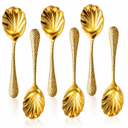 6 Pcs Shell Shape Serving Spoons, 9" Gold Serving Utensils, 304 Stainless Steel Serving Spoon for Buffet, Large Scalloped Spoon with Hammered Long Handle for Kitchen Restaurant Theme Party