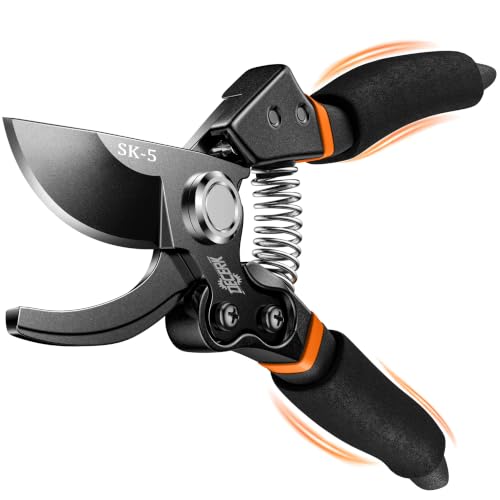 DECERK bypass pruning shears with orange cushioned foam grips for arthritic hands, 5mm handles