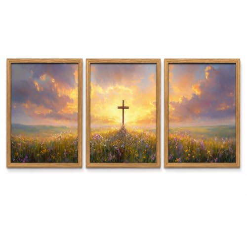 Religious Canvas Wall Art 3Pcs Framed Sunset Cross Landscape 16x12 Inch Cross Sunset 023 16"L x 12"W
