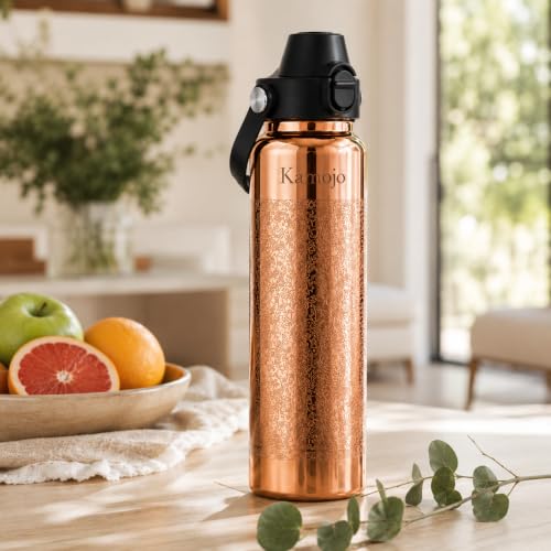 Kamojo Pure Copper Water Bottle for Drinking – Etched Handcrafted Design, Flip-Top Push Button Lid, Copper Straw & Insulating Sleeve – Ayurvedic Cup