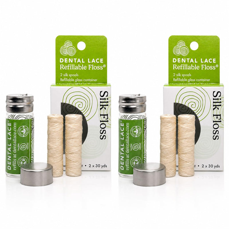 Dental Lace Refillable Silk Dental Floss - 100% Silk Floss with Mint Flavor, PFAS & PTFE Free - Includes 2 Refillable Wave Glass Floss Container and 4 Spools (Total 120 Yards) - Recyclable Packaging Green (Pack of 2)