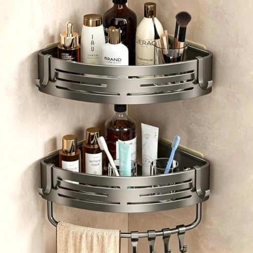 NOETICUS Corner Shower Caddy, 2 Pack Aluminum Alloy Shower Shelves with Adhesive Stickers, No Drilling, Removable Organizer with Towel Bar & Hooks