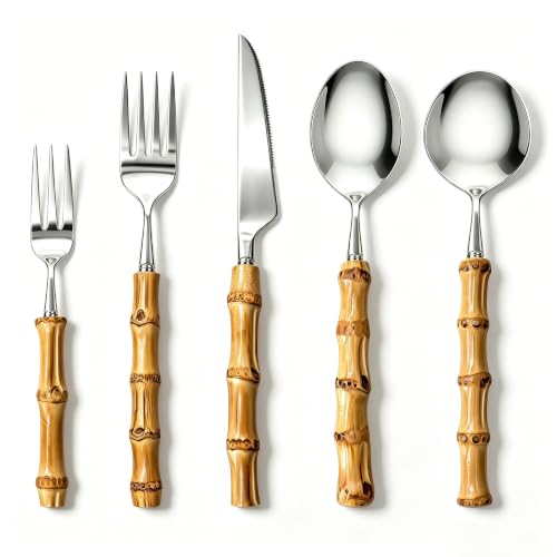 20-Piece Bamboo Handle Silverware Set for 4, 18/8 Stainless Steel Flatware Includes Knives, Forks and Spoons, Rust-Resistant Reusable Cutlery for Kitchen, Dining and Camping