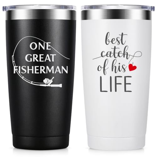 Fishing Couple Tumblers Set 2 Pack 20oz Stainless Steel Travel Mugs - One Great Fisherman Best Catch Anniversary Birthday Gifts 20.0 fluid_ounces Fishing