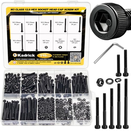 Kadrick M3 long screws kit with hex socket head cap screws, nuts and washers, black zinc alloy steel assortment