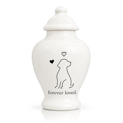 Small Dog Urn for Ashes, Mini Ceramic Pet Keepsake Urn, White Scandinavian Dog Memorial Urn with Lid, 4.5 Inch Pet Ashes Urn for Loss of Dog, Forever Loved Design