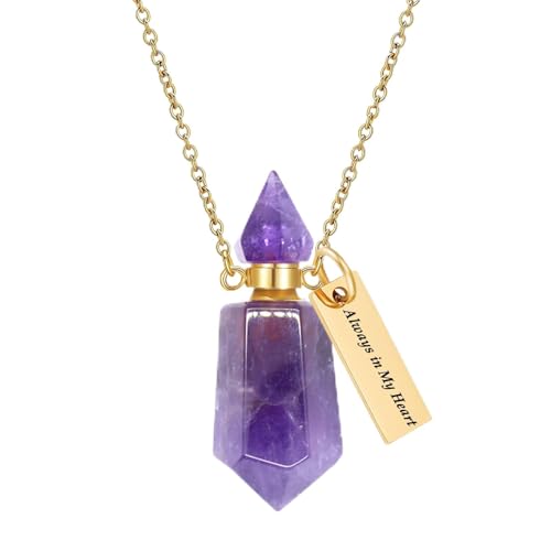 Cremation Gold Urn Necklaces for Ashes for Women Men Natural Crystal Gemstones Keepsake Jewelry Memorial Urn Locket for Human Ashes Holder Gold Purple