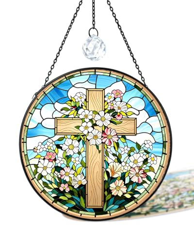 Stained Glass Cross Sun Catcher,Christian Gift(Cross Blue,7.8in) Cross Blue 7.8x7.8 IN