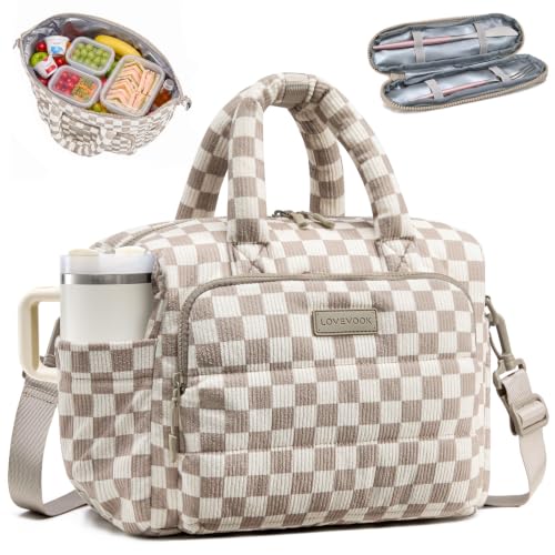 LOVEVOOK Insulated Lunch Bag Women,Puffer Lunch Cooler Box with Utensil Bag Beige Checkered-Corduroy Large - 13L