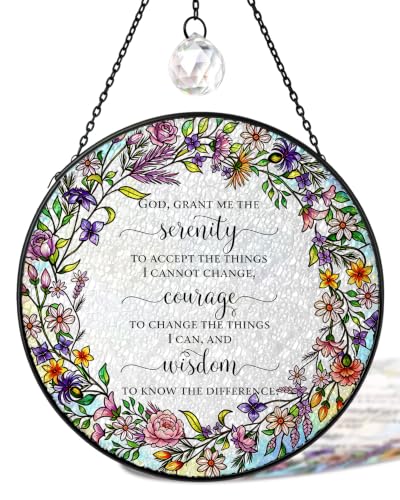 7.8" Serenity Prayer Floral Stained Glass Window Hanging God Serenity