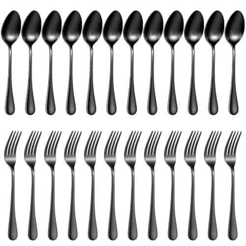 24-piece black stainless steel serving set with forks and spoons by Anboliwb, includes durable silverware for dining and entertaining.