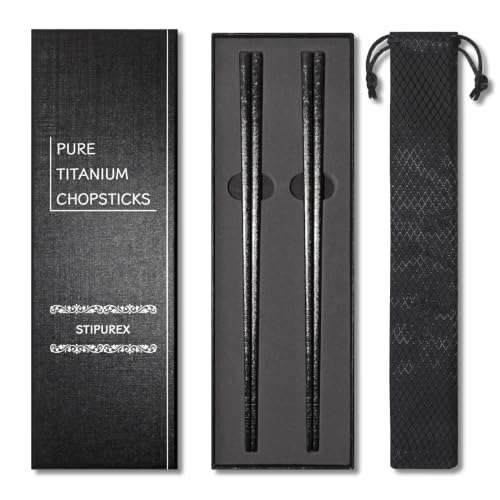 Titanium Chopsticks 2 Pairs 99.8% Pure Titanium Reusable – Lightweight Non-Toxic Utensils with Gift Box & Travel Pouch for Home, Camping, Hiking, Office Lunch (Solid Black) Solid Black