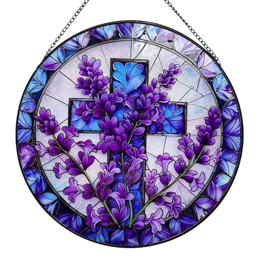7.87" Stained Glass Cross Window Hanging Gift for Women, Purple Cross Wall Decor for Window Garden Home Christmas & Birthday Gifts Style Y