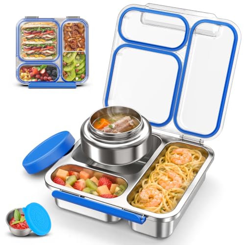 Stainless Steel Bento Box Kids Adult with 7oz Soup Thermo, Transparent Lid 3 Compartments Metal Bento Lunch Box with Insulated Food Jar,Lunch Box Container Sauce Cup for School,BPA-Free(Blue) Blue
