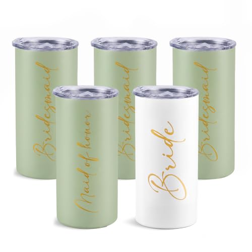 Bridesmaids Gifts Set of 5, Sage Green Skinny Tumbler 15 oz Sage_Bride+Maid+BridesmaidX3