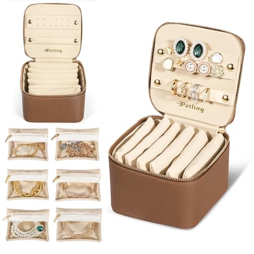 Travel Jewelry Case Organizer - Compact PU Leather Jewelry Box with 6 Small Portable Velvet Jewelry Pouches & 2 Inner Lid Slots for Rings Earrings Necklaces Bracelets,Ideal Gift for Women Girls(Brown) brown