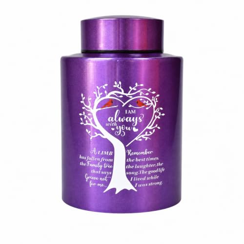 Purple Medium Urns for Human Ashes Up to 60 Cubic Inches, Small Cremation Urn for Ashes Adult Female Male, Decorative Stainless Steel Funeral Burial Memorial Urn with Two Cardinal Birds Purple