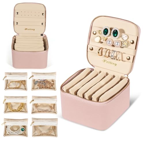 Travel Jewelry Case Organizer - Compact PU Leather Jewelry Box with 6 Small Portable Velvet Jewelry Pouches & 2 Inner Lid Slots for Rings Earrings Necklaces Bracelets,Ideal Gift for Women Girls (Pink) pink