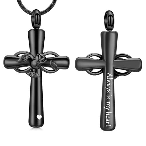 Rose Flower Cross Cremation Jewelry Urn Necklaces Stainless Steel Cross Urn Necklaces for Ashes Memorial Keepsake Pendant for Women Gifts With Funnel Kit & Bag Black