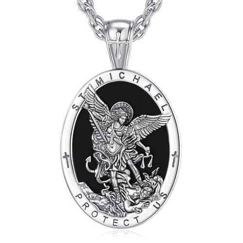 EUDORA St Saint Michael Necklace Medal for Women Men Silver-Plated Copper with Obsidian, Archangel St Michael Pendant for Protection Medalla de San Miguel Arcangel Jewelry Gifts for Mens Women, 22"