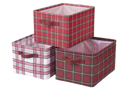 Junkin 3 Pcs Red Tartan Christmas Storage Basket with Handle for Gift Empty