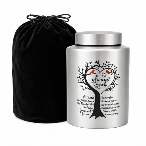 7.3 Inch Medium Urns for Human Ashes, Cremation Urn for Human Ashes, 140 Cubic Inches Decorative Stainless Steel Funeral Memorial Keepsake Urn with Two Cardinal Birds, Silver
