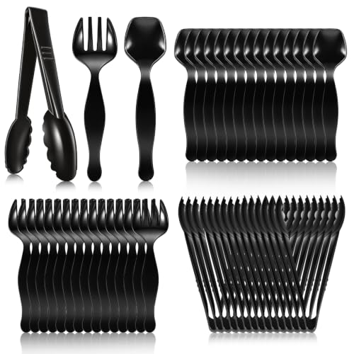 Set of 45 black plastic serving utensils including tongs and spoons, ideal for buffet dining and food serving.
