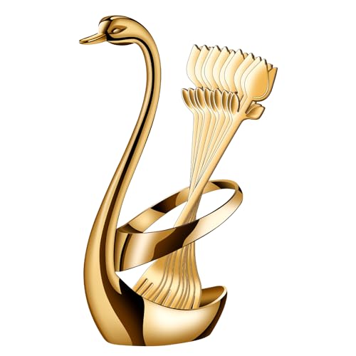 Gold Dessert Fork Set of 12 with Swan Base Holder, 6 Inch Gold Swan set
