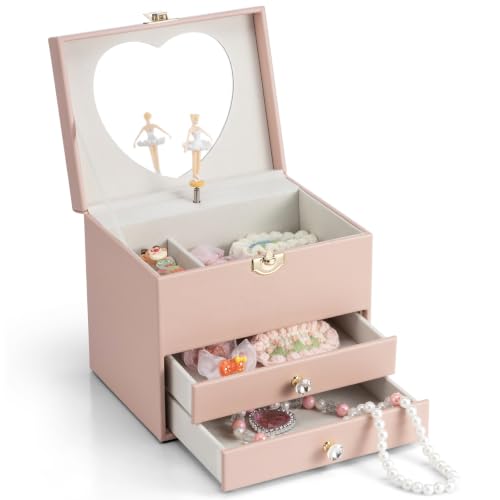 VLANDO 3 Layer Musical Jewelry Box for Girls, 2 Large Drawers Storage Pink