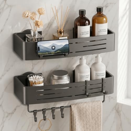 2 PCS Rectangle Shower Caddy Suction Cup with Hooks, No-Drilling (Gray) 2 PCS Rectangle Shower Caddy