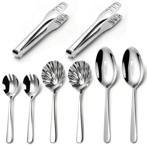 8-Piece Silver Serving Utensils Set, 304 Stainless Steel Large Serving Spoons, Salad Forks, Shell Spoons & Food Tongs, Mirror Polished Catering Serving Supplies for Buffet/Parties/Weddings