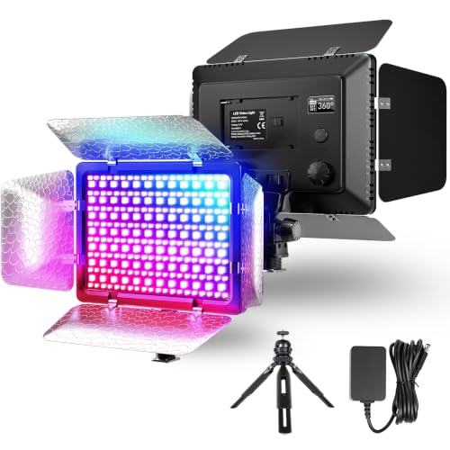Mettlelite SL240C RGB LED Video Light with Barndoor & Mini Tripod, APP Control 360° Full Color RGB Panel, Ultra Bright 2800K-8000K, 40 Gels,10 Light Effects,Portable Studio Light for Content Creation