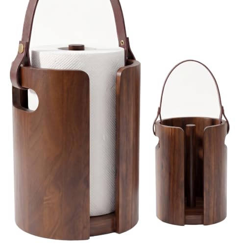 Wooden Paper Towel Holder, Wood Paper Towel Holder Countertop with Anti-Slip Base, Leather Handle and Splash Guard Plate for Kitchen and Bathroom, Living Room, RV
