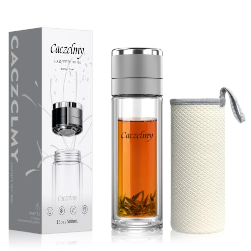 16oz Glass Tea Infuser Bottle, One-Hand Open Double Wall Glass Silver 16oz