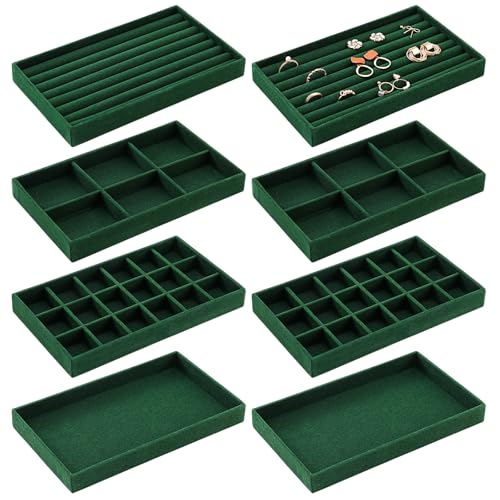 Highergo 8 Pcs Dark Green Velvet Jewelry Trays, 8.3x4.7x1'',Mixed Style Mixed Style