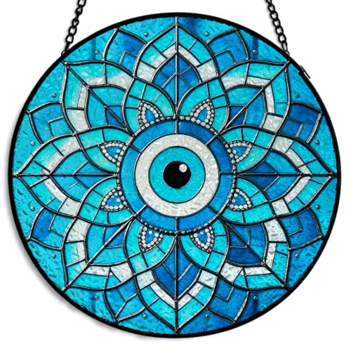 GZV Blue Evil Eye Stained Glass Window Hanging Suncatcher 7.9in