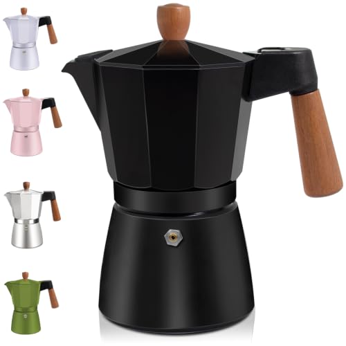 Black 12-cup aluminum espresso stovetop moka pot with solid wood handle by DITOSH, ideal for making rich espresso at home