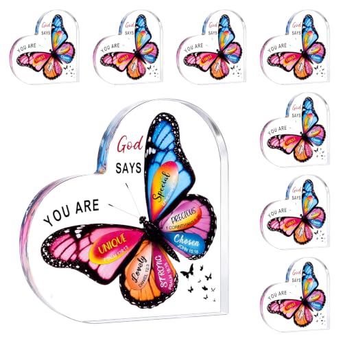 8 Pack Christian Gifts for Women, Butterfly Inspirational Religious Acrylic Plaque Set, Spiritual Birthday Gifts for Mom Sister Girl Coworker Catholic Female Friends, Bible Verse Desk Decor Sign for Home Office