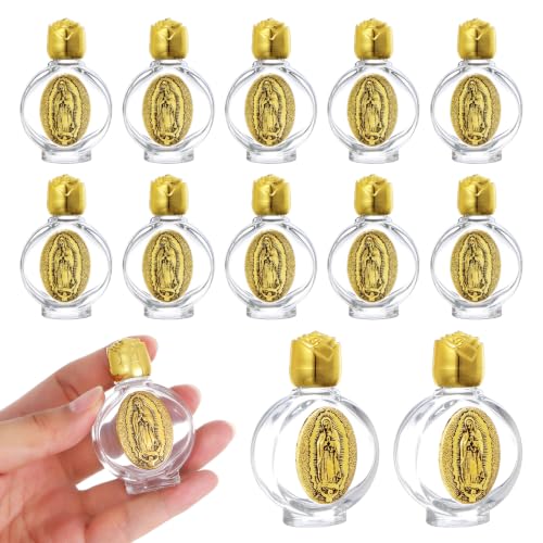KOMI 12Pcs Glass Holy Water Bottle 0.5oz Holy Water Empty Mini Containers with Embossed Our Lady of Guadalupe Baptism First Communion Church Catholic Religious Gifts Bulk Golden