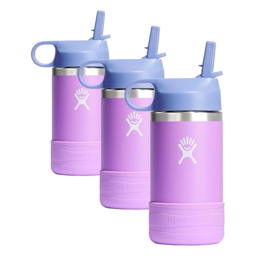 Hydro Flask Kids Water Bottle for School - Stainless Steel and Insulated with Straw Cap - 12 Oz in Anemone Purple (Pack of 3) 12 Ounces (Pack of 3)