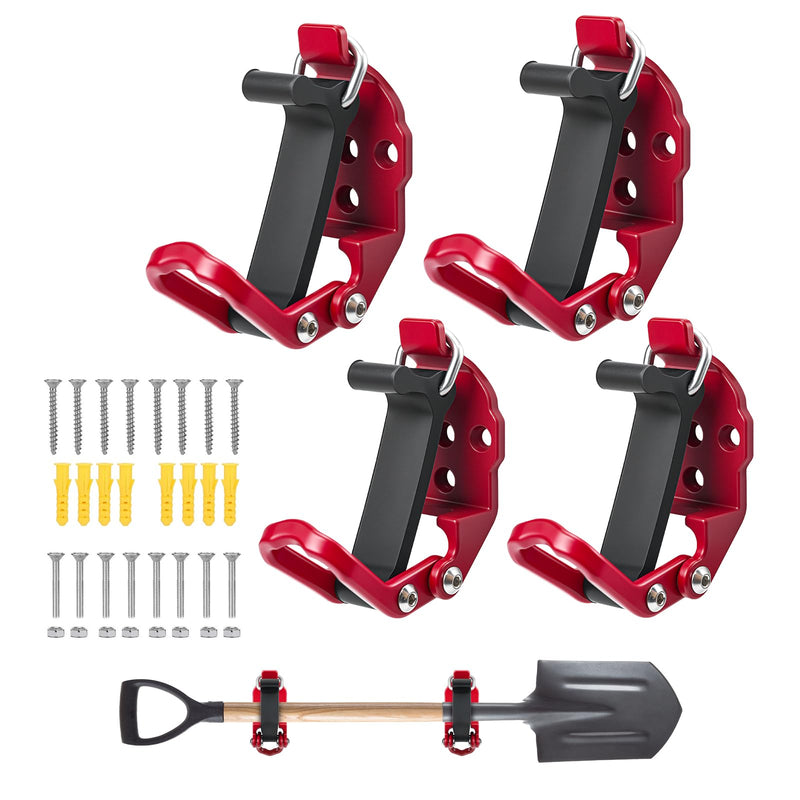 4 Pack Shovel Holder Wall Mount for Truck & Trailer, Adjustable Rubber-Coated Clamp for Shovel, Broom & Rake,Axe (0.6"–1.43"), Tool Holder for Overlanding, Off-Road, Work Truck & Garage,Red Red 4 Pack