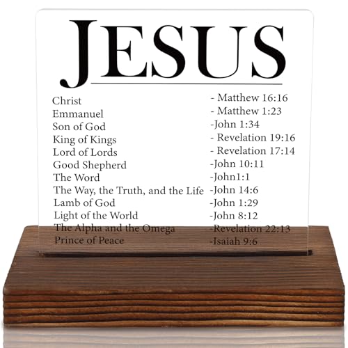 Names of Jesus Acrylic Plaque, Christian Bible Verse Gift for Believers, Inspirational Religious Keepsake for Men, Women, Transparent Acrylic Plaque with Wooden Stand, LYY152