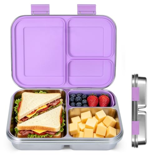 MaMix Stainless Steel Bento Lunch Box for Kids & Adults - Leakproof 4.4 Cup Lunch Container with 3 Compartments for School & Travel -Dishwasher Safe, BPA Free (purple) Purple