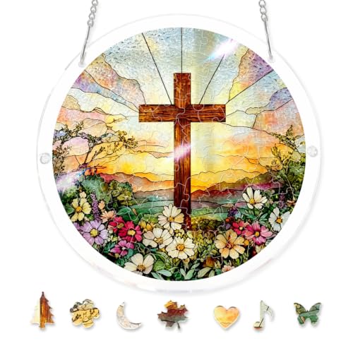 Christian Acrylic Puzzle Suncatcher,Cross Flower Sun Catcher Puzzle Kit for Adults,Faith Window Hanging Puzzles,Christian Decor, Inspirational Gifts for Women Family Friends,7.3 in Christian